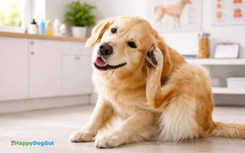 Dog gently scratching ear, showing mild signs of food allergy