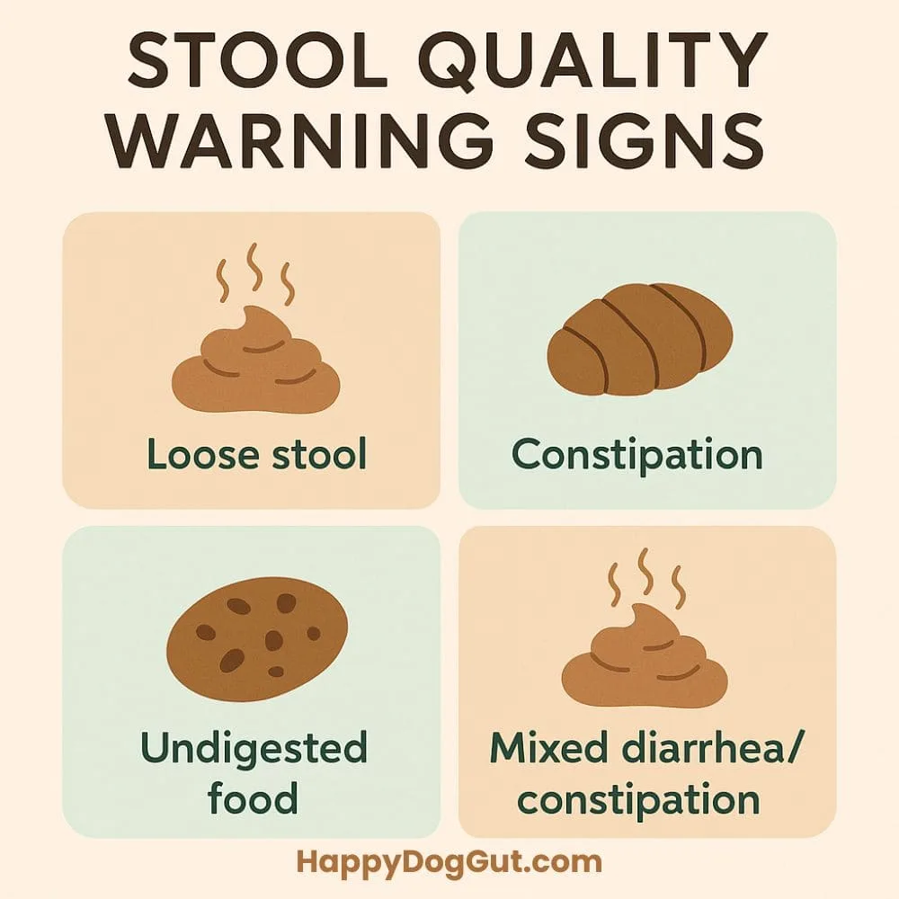 Infographic showing loose stool, constipation, and undigested food as warning signs