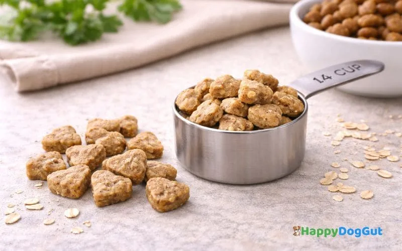 small dog treat portions shown next to a measuring cup