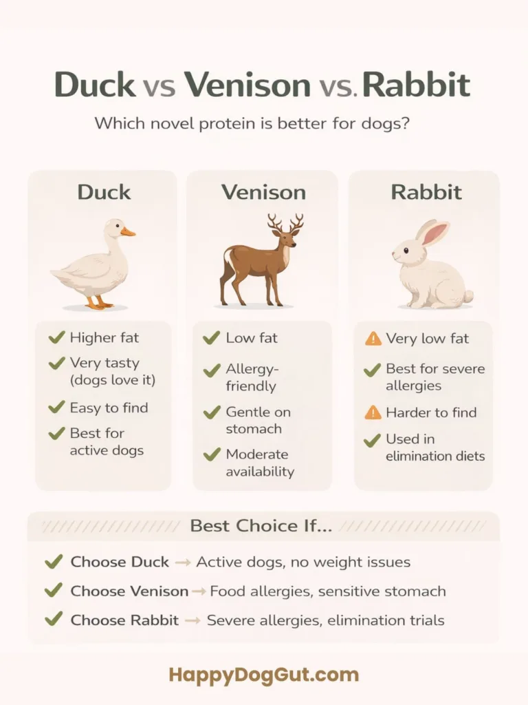 Comparison of duck, venison, and rabbit as best novel protein dog foods
