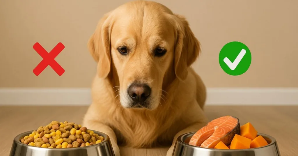 Golden Retriever looking at two bowls, comparing bad ingredients like corn and soy with healthy options like salmon and pumpkin.