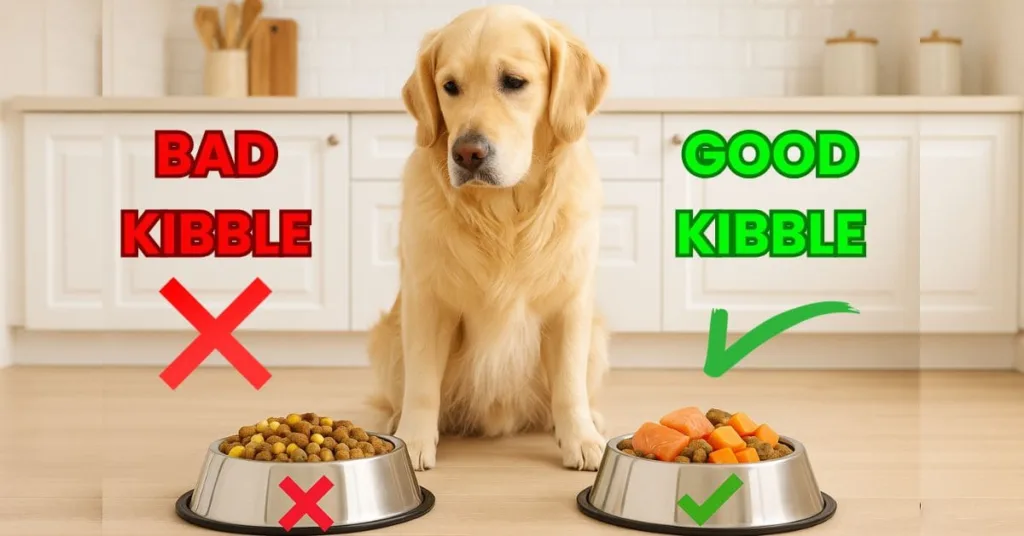 Golden Retriever comparing two bowls to choose the best dog kibble for sensitive stomachs