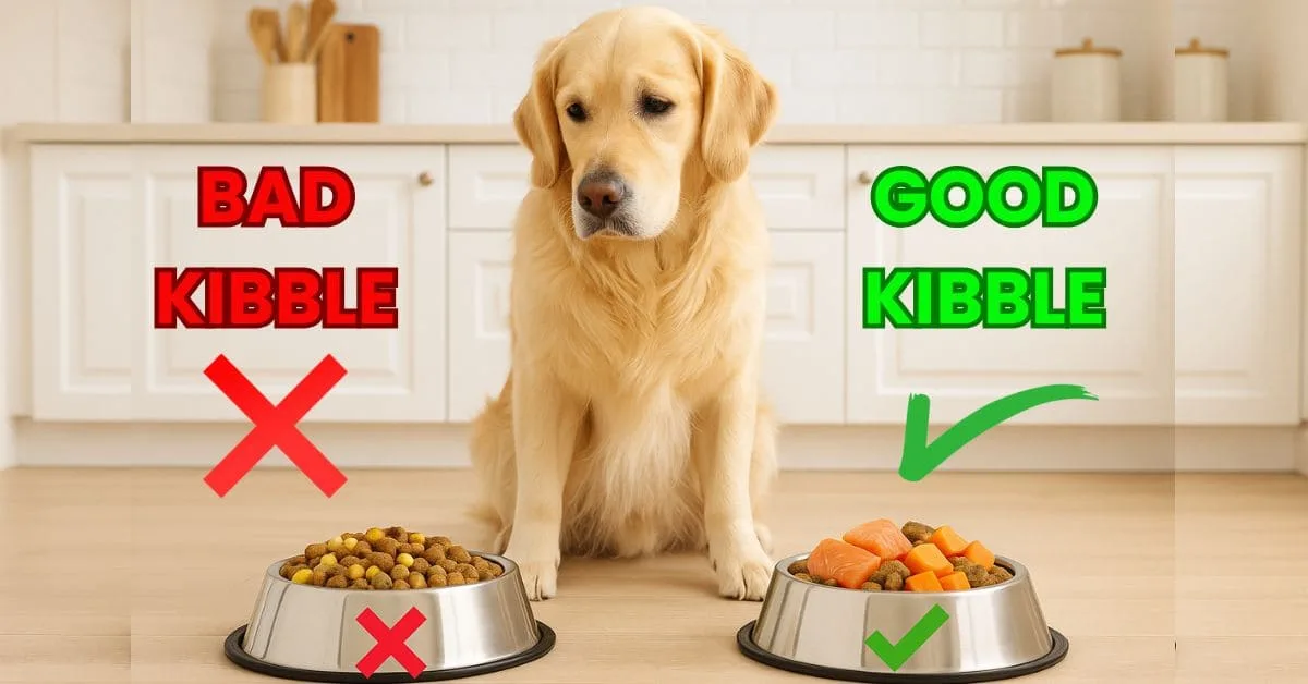 Golden Retriever comparing two bowls to choose the best dog kibble for sensitive stomachs