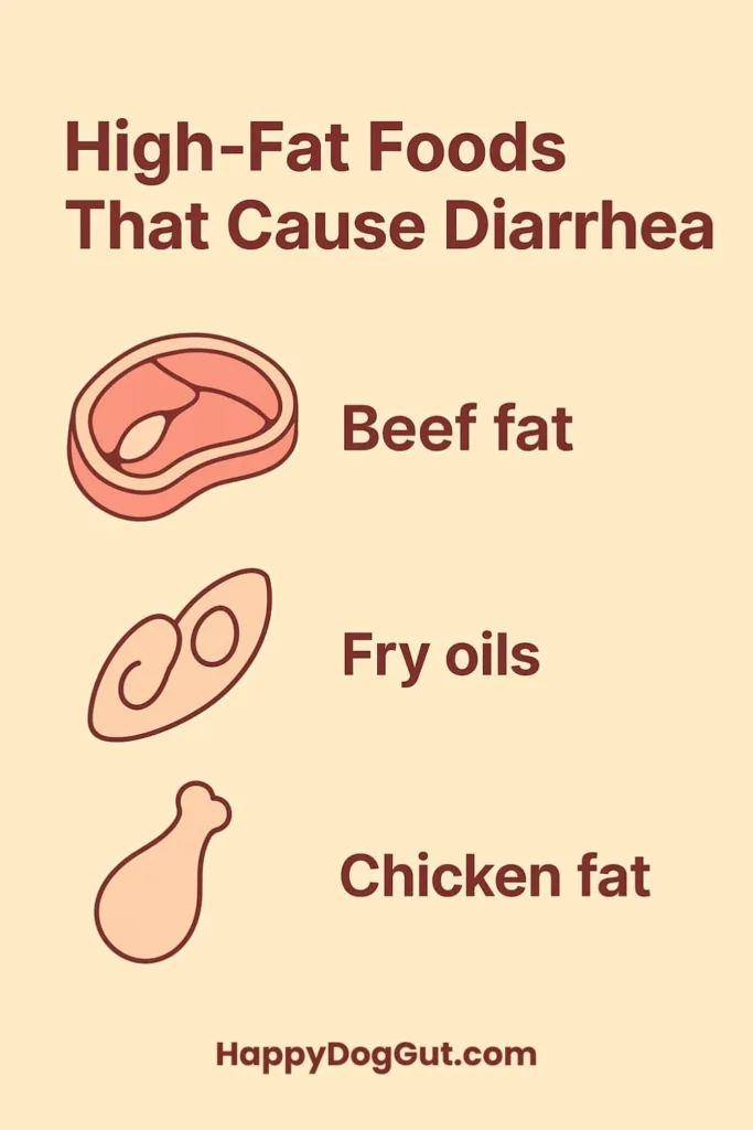 Minimalist icons of beef fat, fry oils, and chicken fat as diarrhea-triggering ingredients.