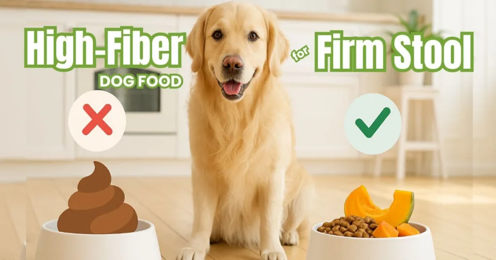 Golden Retriever sitting near food bowls showing high-fiber dog foods for firm stool