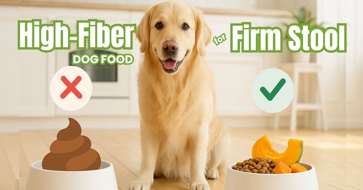 Golden Retriever sitting near food bowls showing high-fiber dog foods for firm stool