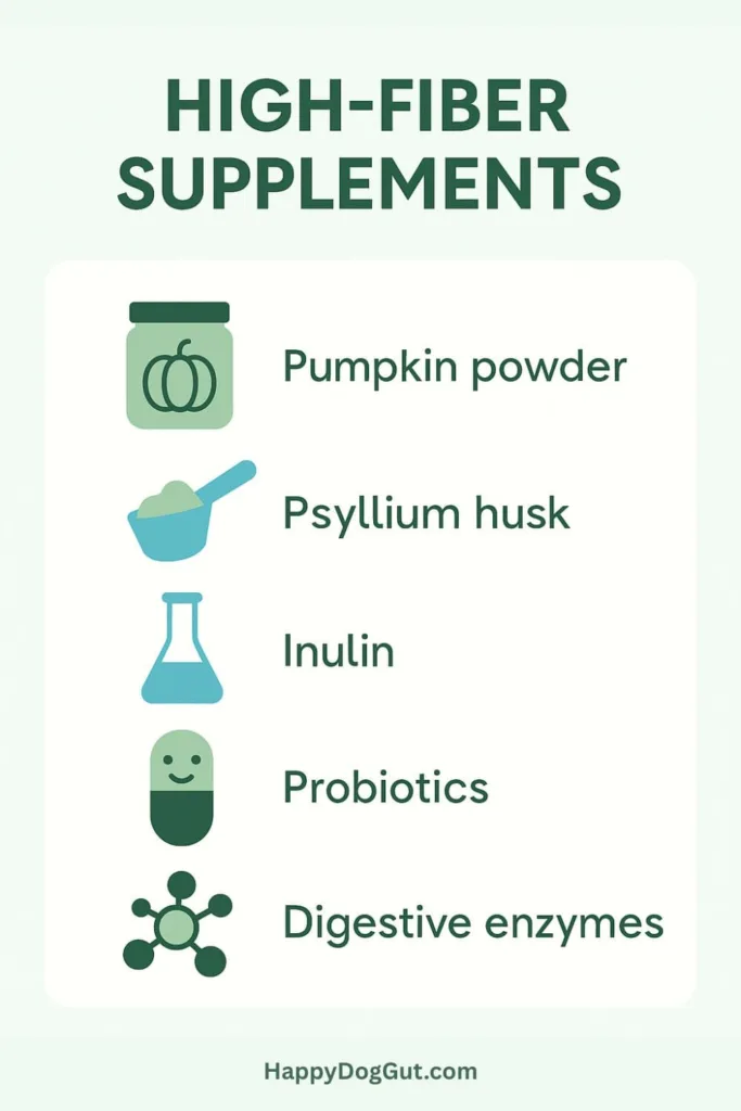 Infographic of pumpkin powder, psyllium, probiotics, fiber supplements for dogs