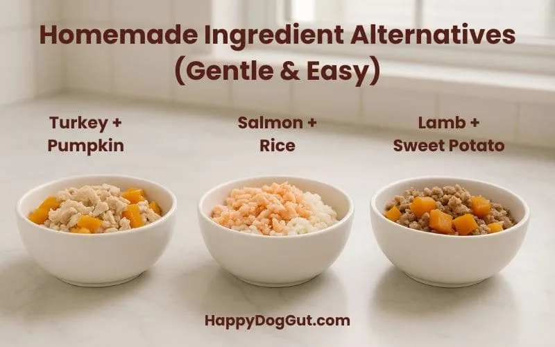 Three bowls of homemade dog food containing turkey with pumpkin, salmon with rice, and lamb with sweet potato.