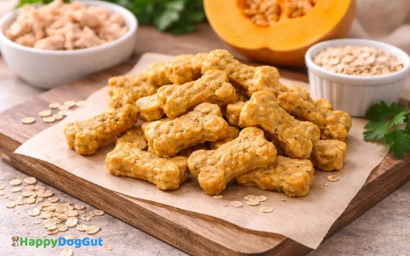 homemade chicken and pumpkin dog treats prepared in a home kitchen
