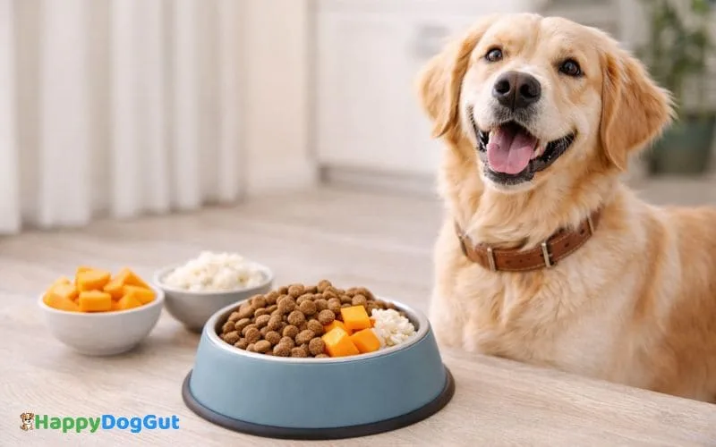 healthy dog with food bowl showing the connection between diet and stool quality