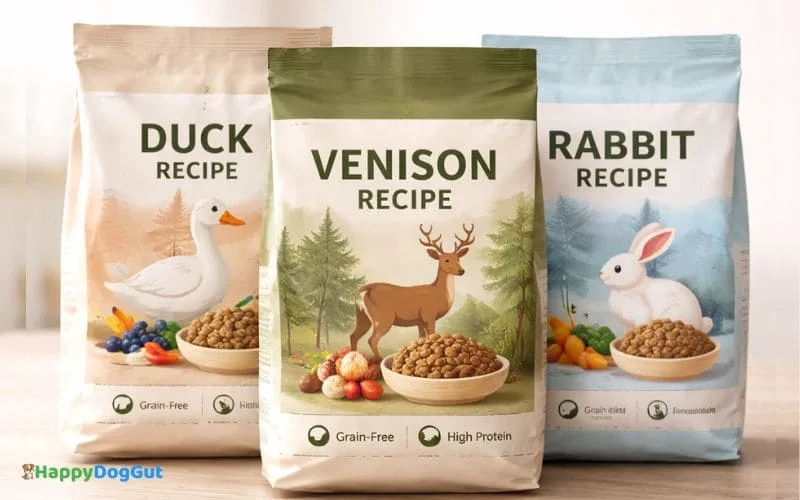 Limited ingredient dog food bags featuring novel protein recipes