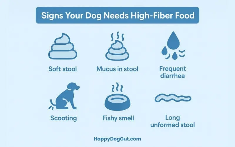 Infographic showing symptoms that indicate dogs need high-fiber dog foods for firm stool