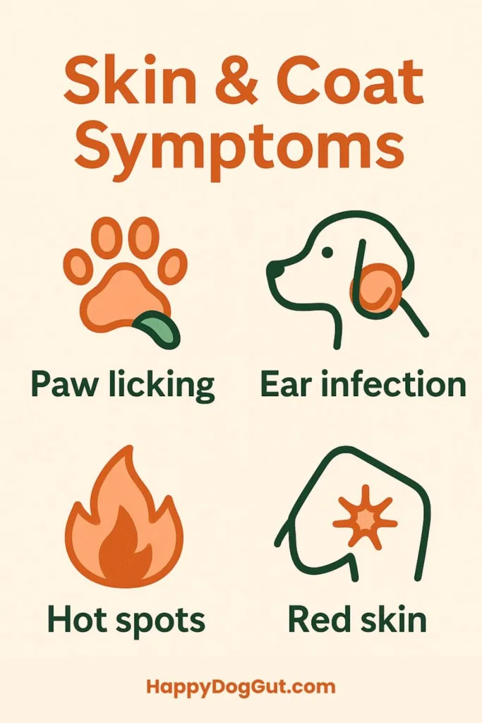 Infographic showing paw licking, rashes, and ear infections caused by food sensitivities