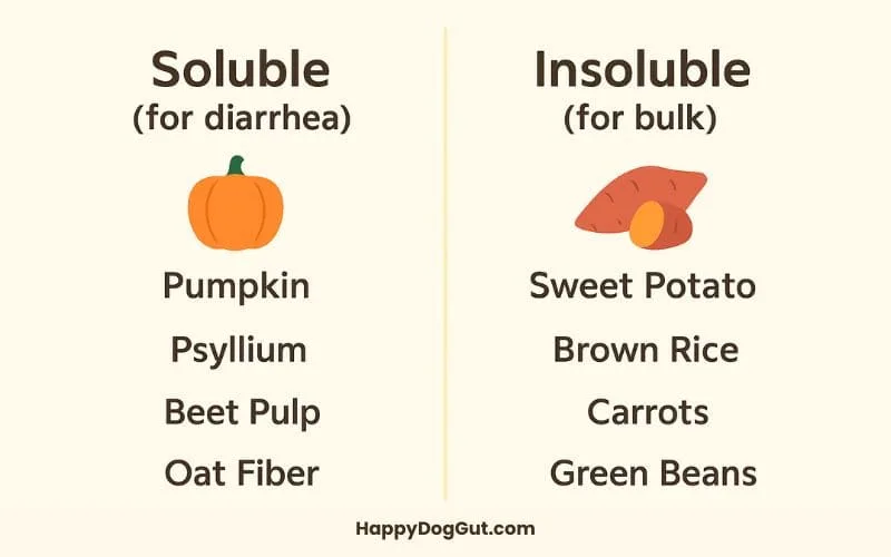 Comparison chart showing soluble and insoluble fiber sources for dogs