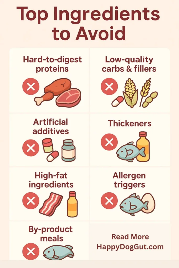 Infographic listing dog food ingredients to avoid for sensitive stomachs, including hard-to-digest proteins, fillers, additives, thickeners, high-fat ingredients, allergens, and by-products.