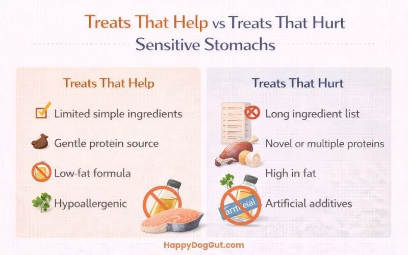 comparison infographic showing treats that help versus hurt sensitive dog stomachs