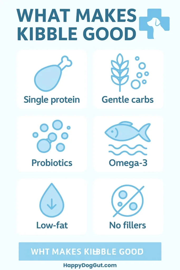 Infographic listing ingredients and features found in the best dog kibble for sensitive stomachs