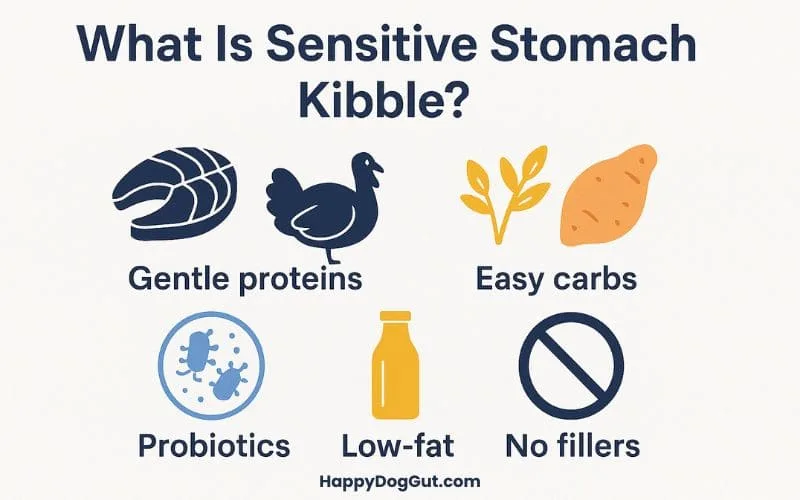 Infographic explaining gentle proteins, carbs, and probiotics used in sensitive stomach kibble