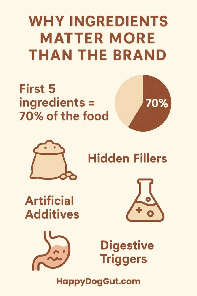 Infographic explaining the importance of the first five ingredients, hidden fillers, additives, and digestive triggers.