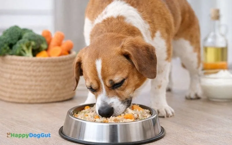 Dog eating best dog foods for gas and bloating calmly from a bowl