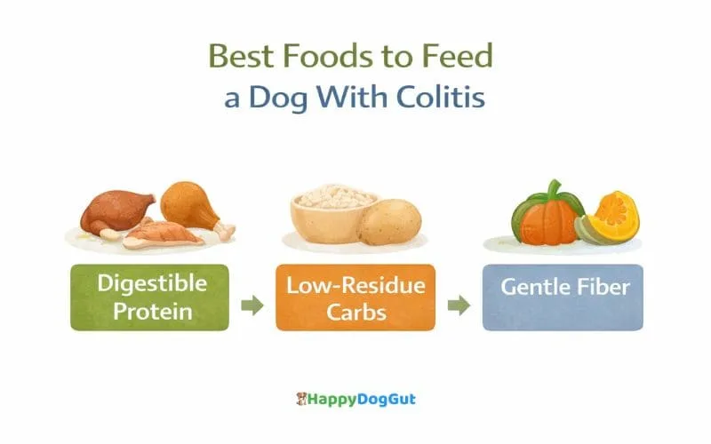 Infographic showing what to feed a dog with colitis including digestible protein and gentle carbs