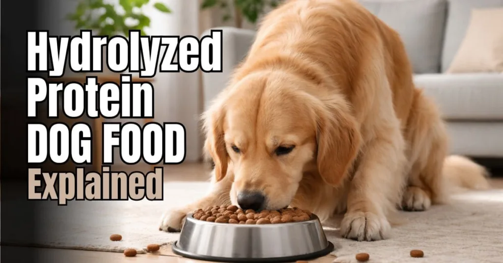 Calm dog eating from a bowl in a clean indoor setting for digestive health support