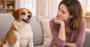 Calm dog with owner observing digestion after probiotics, can probiotics cause diarrhea in dogs