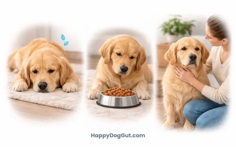 Dog showing fatigue and poor appetite while being gently comforted by owner