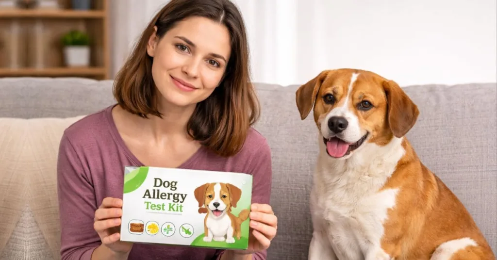 Dog owner holding a dog food allergy test kit with dog sitting beside them indoors