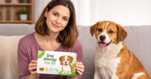 Dog owner holding a dog food allergy test kit with dog sitting beside them indoors