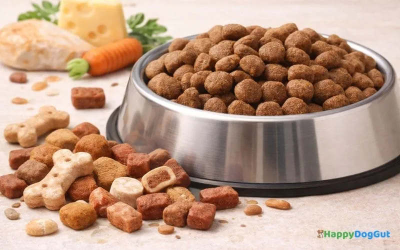 Dog food bowl with kibble and treats that may cause digestive upset in dogs