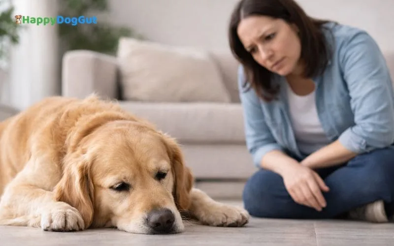 Dog showing signs of illness with owner observing digestive discomfort