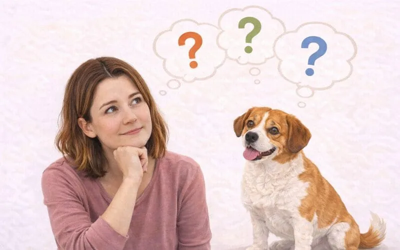 Illustration of dog owner thinking with questions while dog sits calmly beside them