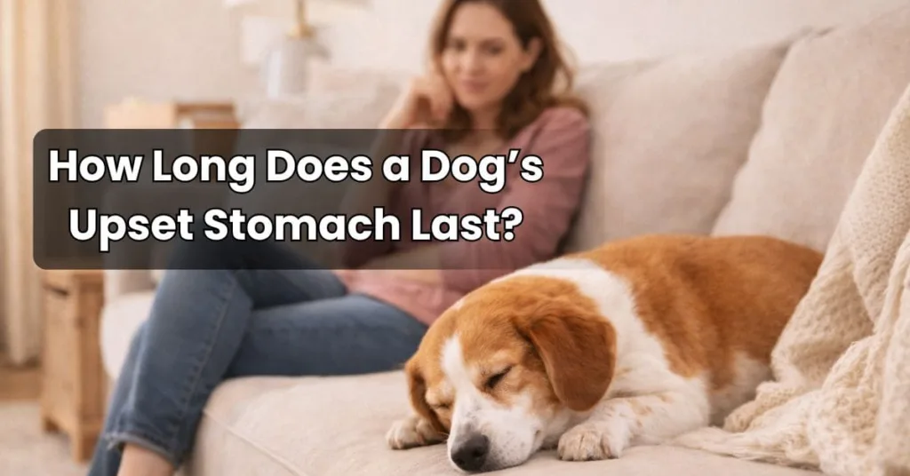 Calm dog resting at home with owner nearby after a mild upset stomach