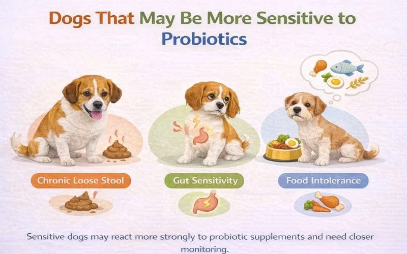 Infographic showing dogs that may be more sensitive to probiotics