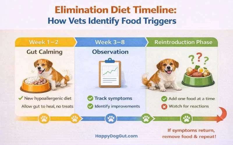 Elimination diet timeline showing how vets identify dog food allergy triggers