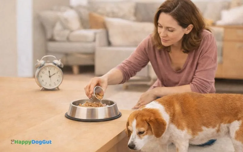 Dog owner feeding small portions to a dog on a regular schedule at home