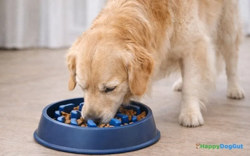 Golden retriever eating slowly from a slow feeder bowl to reduce gas and bloating