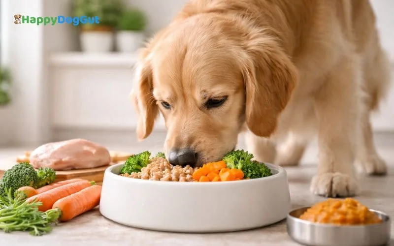 Dog eating easily digestible food for better digestion and gut health