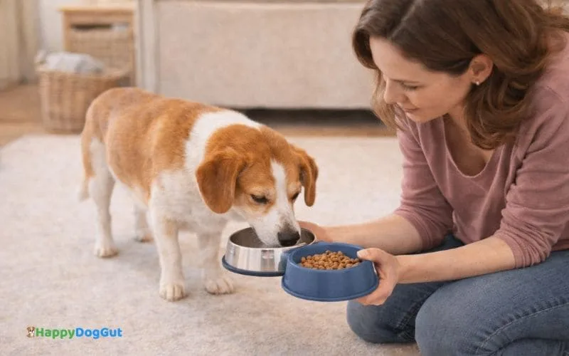 Dog owner offering water and simple food to a dog at home