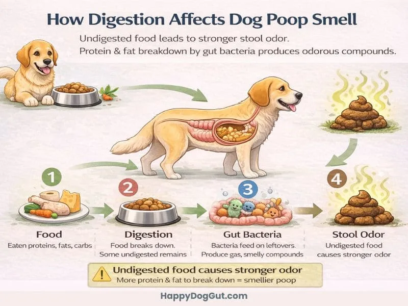 Infographic explaining how digestion and gut bacteria affect dog poop smell