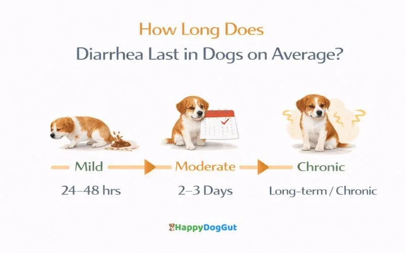 Timeline infographic showing how long does diarrhea last in dogs from mild to chronic cases