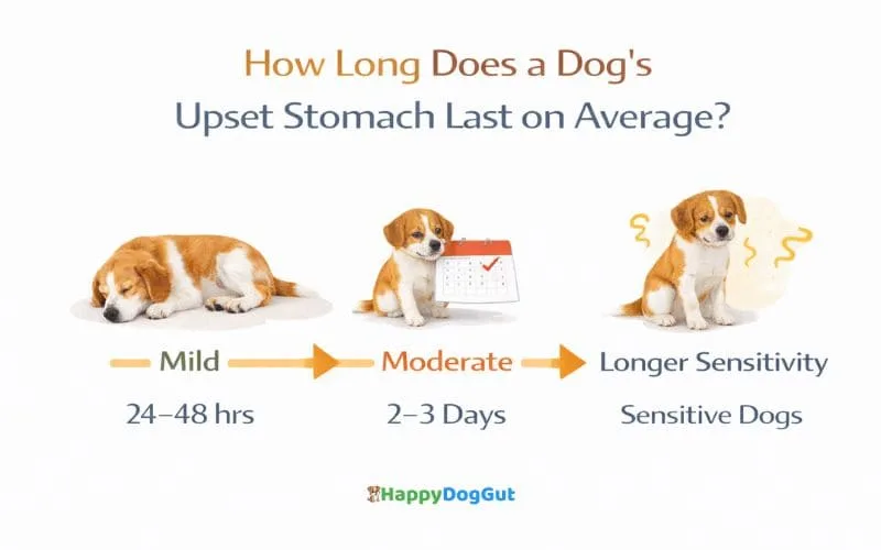Timeline infographic showing how long does a dog’s upset stomach last on average