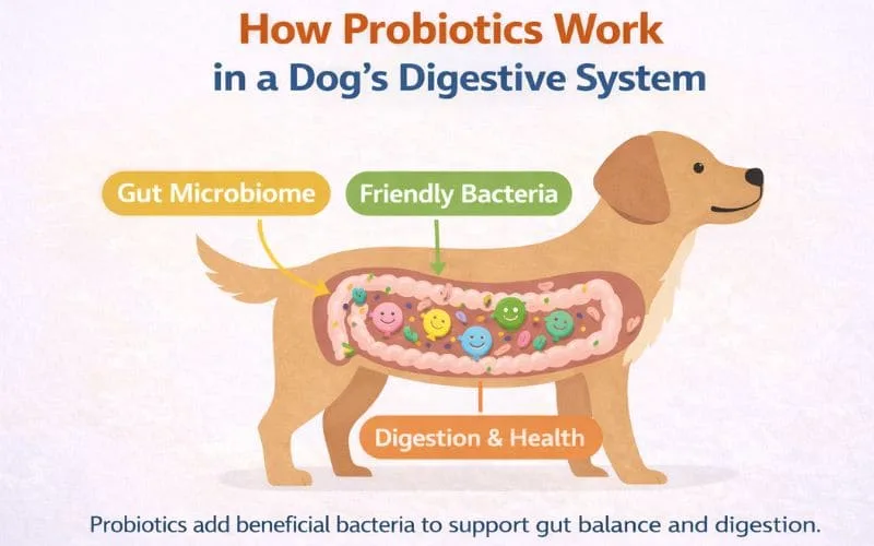 Infographic showing how probiotics affect gut microbiome and can probiotics cause diarrhea in dogs