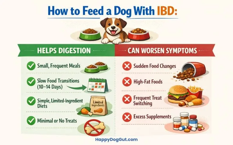 Infographic showing best dog foods for IBD and feeding habits that worsen symptoms