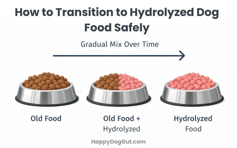 Gradual transition from old dog food to hydrolyzed protein dog food using bowl mixing