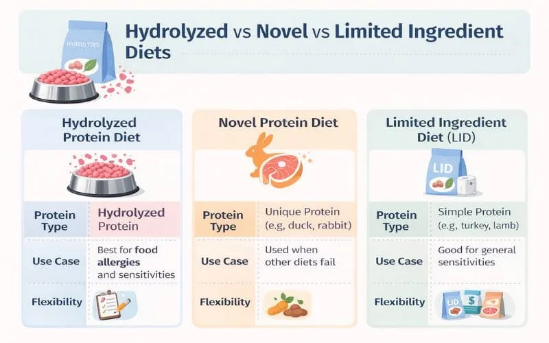 Three-column comparison of hydrolyzed, novel protein, and limited ingredient dog diets