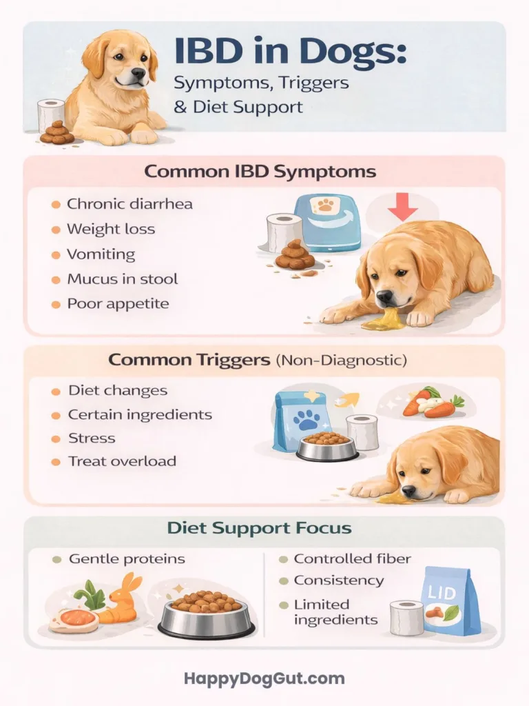 Infographic explaining IBD in dogs including symptoms, triggers, and diet support