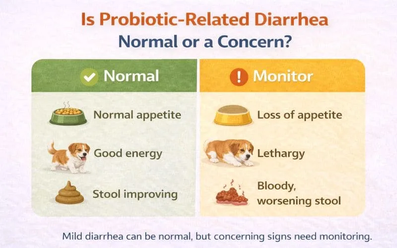 Comparison infographic explaining can probiotics cause diarrhea in dogs and when to monitor symptoms