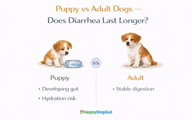 Infographic comparing diarrhea recovery in puppies versus adult dogs